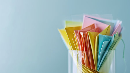 Colorful envelopes in a glass vase on a blue backgroundの素材