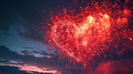Heart shaped fireworks in the night sky. Valentine's day background.の素材