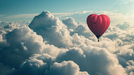 Red hot air balloon flying high in the blue sky above the cloudsの素材