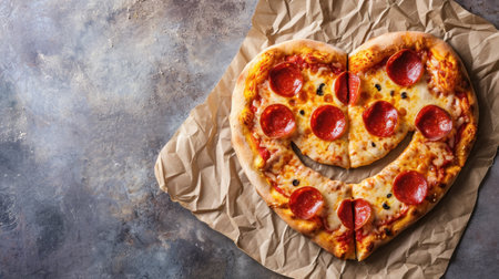 Heart shaped pizza with salami, pepperoni and olives on rustic backgroundの素材