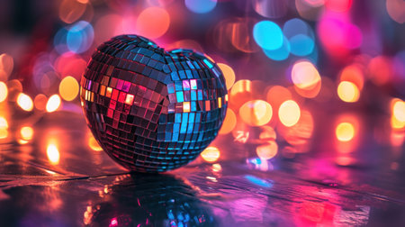 Disco ball in the shape of a heart with bokeh backgroundの素材