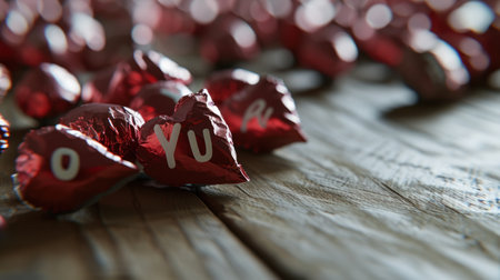 Red heart-shaped chocolate candies on a rustic wooden backgroundの素材