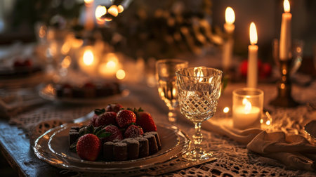 Festive table with chocolate cake, strawberries and candles on blurred backgroundの素材