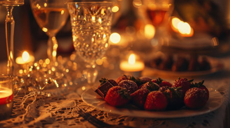 Strawberries with chocolate on a plate, candles in the backgroundの素材