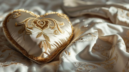 a heart shaped pillow sitting on top of a bed covered in a white and gold comforter next to a white comforter. .の素材
