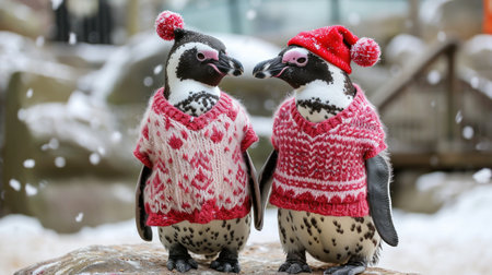 Two penguins in a red knitted hat and scarves on the background of snowの素材