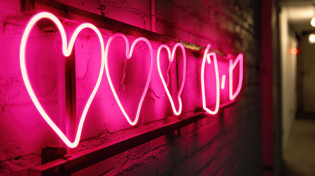 Neon heart sign on brick wall background. Valentines day concept.の素材