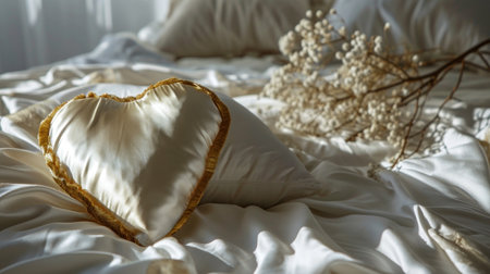 Golden pillow in shape of heart on white bedding, closeupの素材