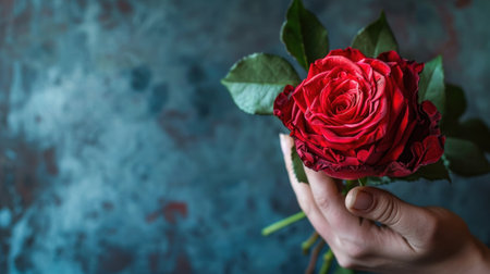 Red rose in woman's hand on dark blue background, copy spaceの素材