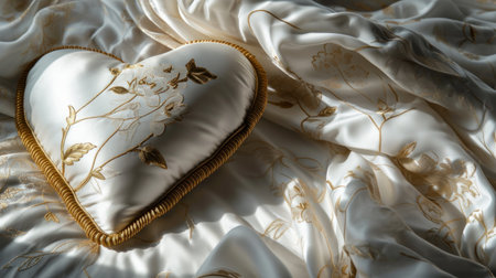 a heart shaped pillow sitting on top of a bed covered in a white and gold comforter next to a white comforter. .の素材
