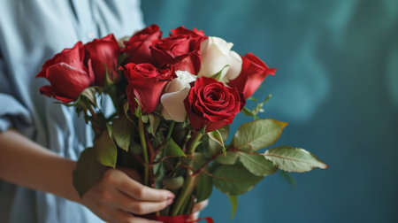 Bouquet of red and white roses in woman's hands.の素材
