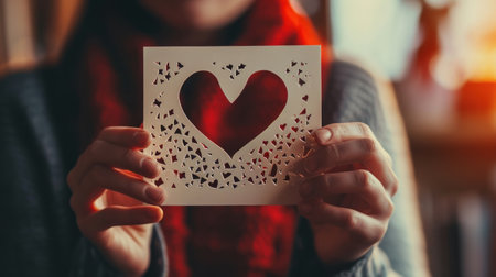Close up of woman hands holding greeting card with red heart shape.の素材