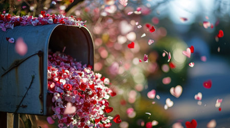 a mailbox filled with lots of pink and red flowers next to a tree with lots of pink and red petals. .の素材