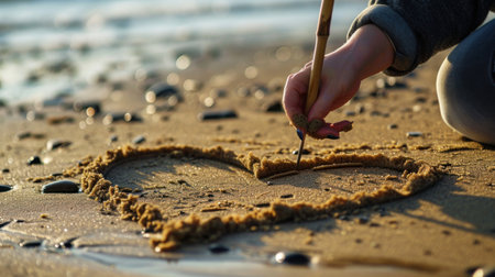 Drawing a heart on the sea sand. Selective focus.の素材