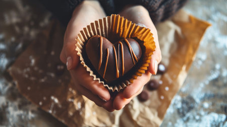 Female hands holding a chocolate candies in the form of a heartの素材