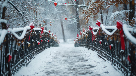 Beautiful winter landscape in the park with heart-shaped garlandsの素材