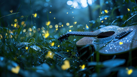 Guitar on the grass in the forest with raindrops.の素材