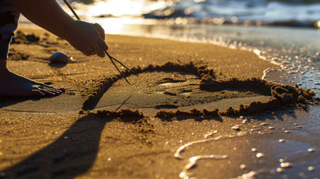 a person standing on top of a sandy beach next to the ocean with a pair of feet sticking out of the sand. .の素材