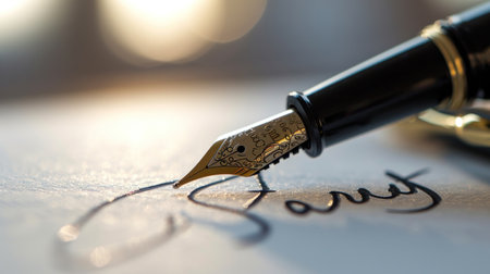 a close up of a fountain pen writing on a piece of paper with the word love written in cursive writing. .の素材