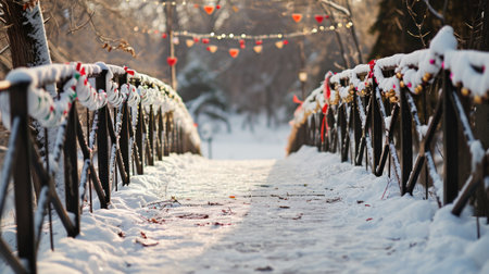 Wooden bridge with hearts and garlands in the winter forest.の素材