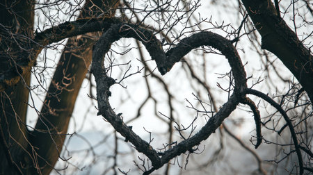 Heart shaped tree branches in the winter forest. Love and romance concept.の素材
