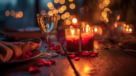 a close up of a table with candles and a plate of food and a glass of wine on the table. .の素材