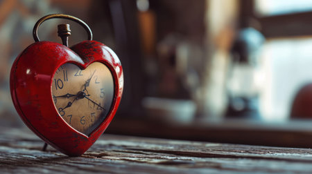 Valentine's Day background with old alarm clock on wooden tableの素材