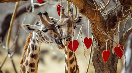 Two giraffes in love with red hearts on a tree branchの素材