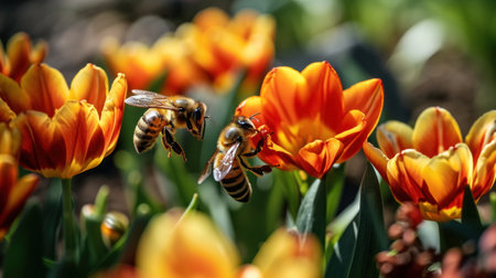 Honey bee collecting nectar from orange tulip flowers in the gardenの素材