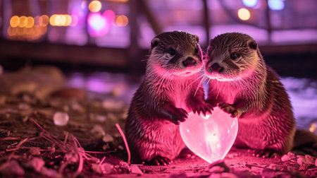 Two cute Asian small-clawed otters (Aonyx cinerea) are holding a heart shaped candle.の素材