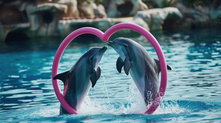 Dolphins in the pool with a heart shaped pink ring in the backgroundの素材