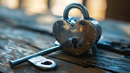Old rusty padlock and key on a wooden background. Selective focus.の素材