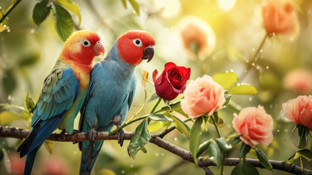 Two parrots sitting on a branch with a red rose in the backgroundの素材
