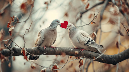 a couple of birds sitting on top of a tree branch with a heart shaped object in its beak on top of the branch. .の素材
