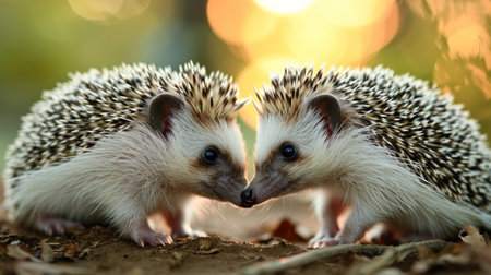 Two cute little hedgehogs standing on the ground and looking at each otherの素材