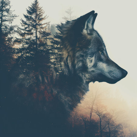 Portrait of a wolf in a foggy forest. Digital painting.の素材
