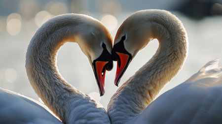 Two swans in love on a lake. Close-up.の素材