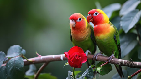 Lovebirds sitting on a branch of a red rose in the gardenの素材