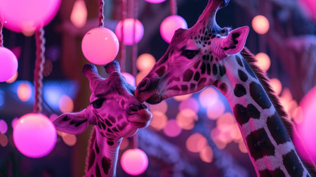 giraffe with colorful light bokeh background in night timeの素材
