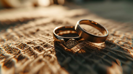 Wedding rings on the table, close-up, shallow depth of fieldの素材