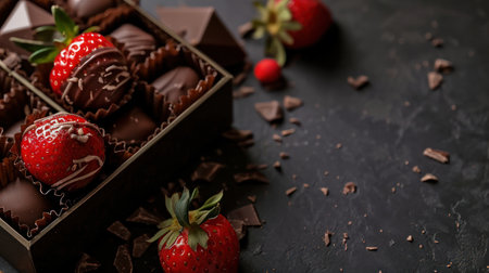 Box with delicious chocolate candies and strawberries on table, closeupの素材