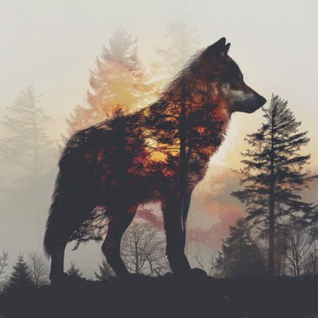 Silhouette of a wolf in the forest at sunset. Digital paintingの素材
