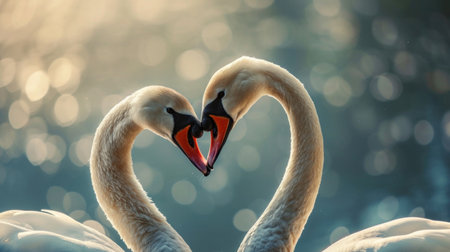 Two swans in love on a lake with bokeh backgroundの素材