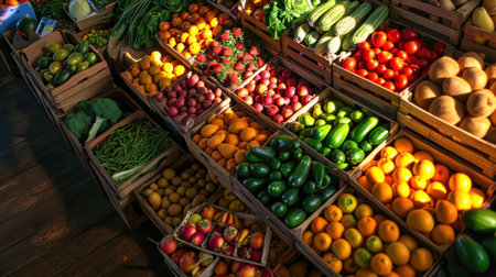 Fruits and vegetables on the counter of a market in Italy.の素材