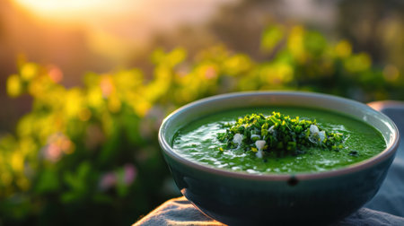 Spinach soup in a bowl on the table in sunset lightの素材