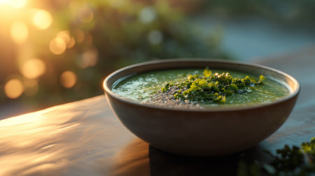 Spinach soup in a bowl on a wooden table with blurred backgroundの素材