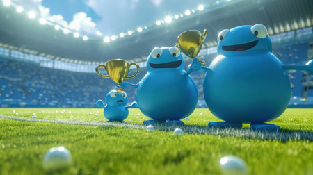 3D render of funny frogs on the grass with a trophy.の素材