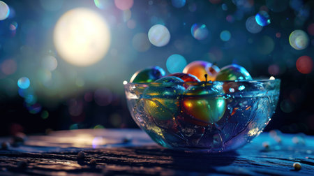 christmas ornaments in glass bowl with bokeh backgroundの素材