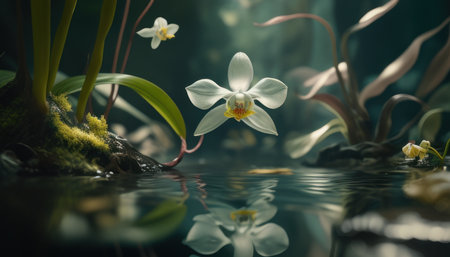 Beautiful white orchid flower with green leaves and water reflection.の素材