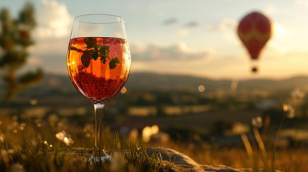 A glass of rose wine on a background of hot air balloons.の素材